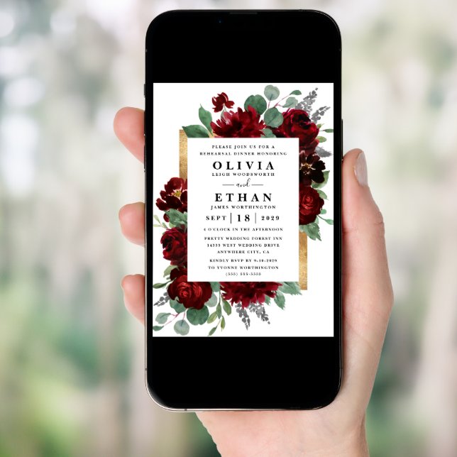 Red Gold Floral Rustic Wedding Rehearsal Dinner Invitation (Front Digital)