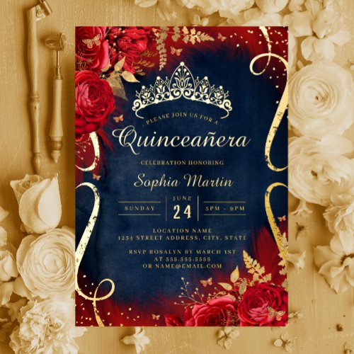 Red Gold Floral Scroll Navy Quinceanera  Foil Invitation