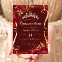 Red Gold Floral Scroll Quinceanera 