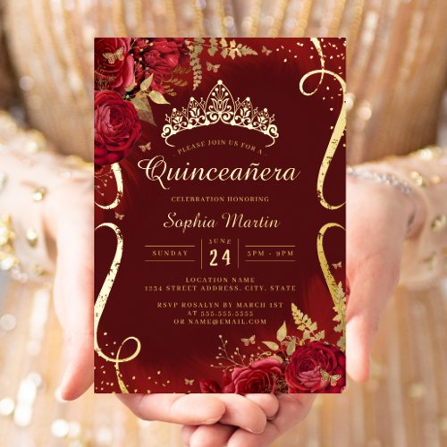 Red Gold Floral Scroll Quinceanera  Foil Invitation