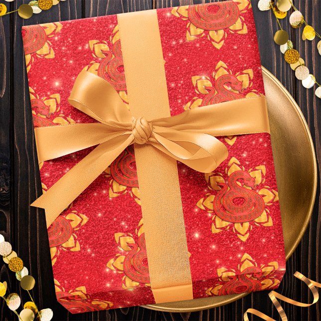 Red Gold Floral Snake 2025 Chinese New Year Zodiac Wrapping Paper (Creator Uploaded)