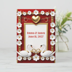 🌹 Red Gold Floral Swan Wedding Decor 🦢 Invitation