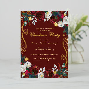 Red Gold Floral Swirl Christmas Party  Foil Invitation