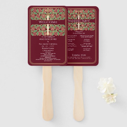 Red Gold Floral Sword Royal Wedding Program Hand Fan