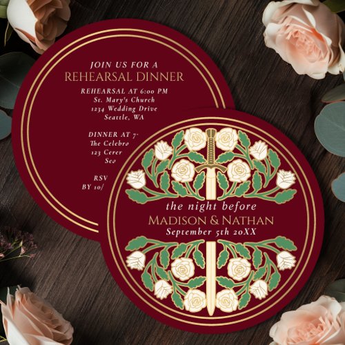 Red Gold Floral Sword Royal Wedding Rehearsal  Invitation