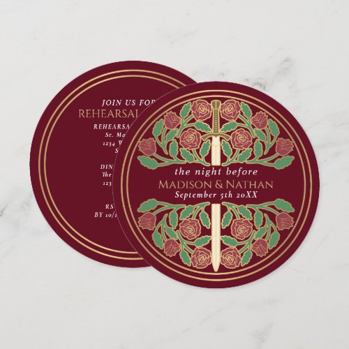 Red Gold Floral Sword Royal Wedding Rehearsal  Invitation