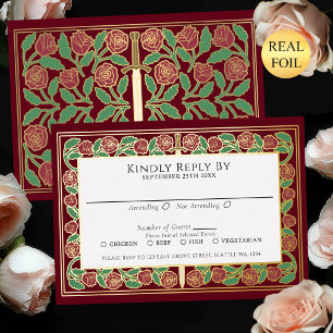 Red Gold Floral Sword Royal Wedding RSVP Foil Invitation