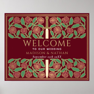 Red Gold Floral Sword Royal Wedding Welcome Sign