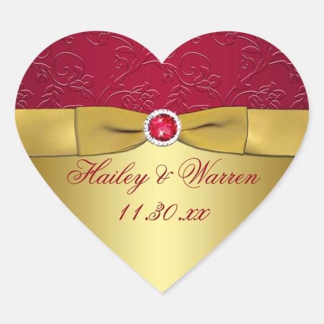 Red, Gold Floral Wedding Favor Sticker (Front)