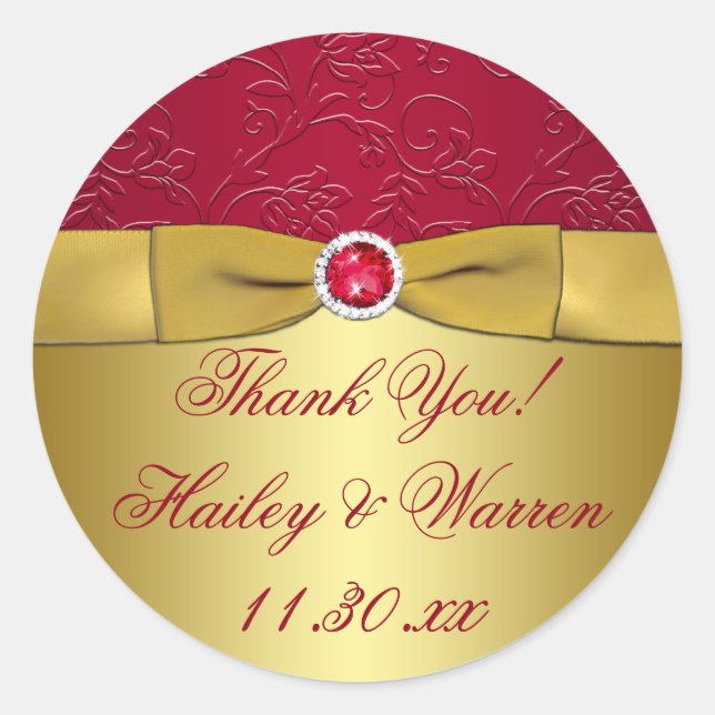 Red, Gold Floral Wedding Favor Thank You Sticker (Front)