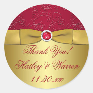 Red, Gold Floral Wedding Favor Thank You Sticker