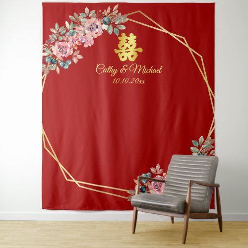 Red gold floral wreath Chinese wedding backdrop