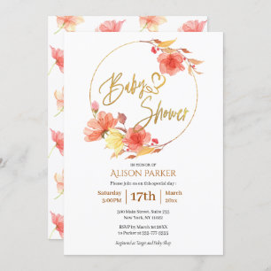Red Gold Floral Wreath Watercolor Baby Shower Invitation