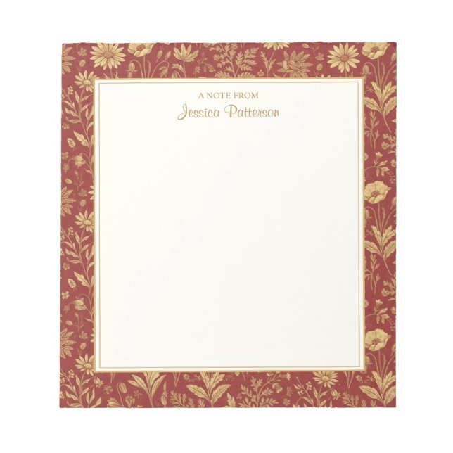 Red & Gold Flower Toile Pattern Personalized Notepad (Front)