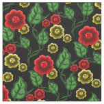 Red/gold flowers/green leaves/Folk  floral/black Fabric