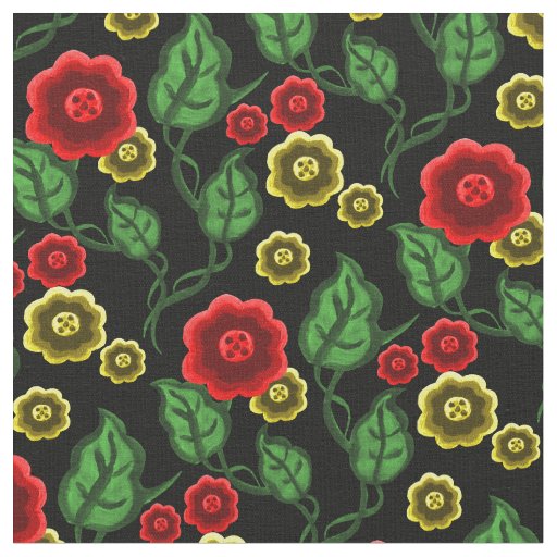 Red/gold flowers/green leaves/Folk  floral/black Fabric