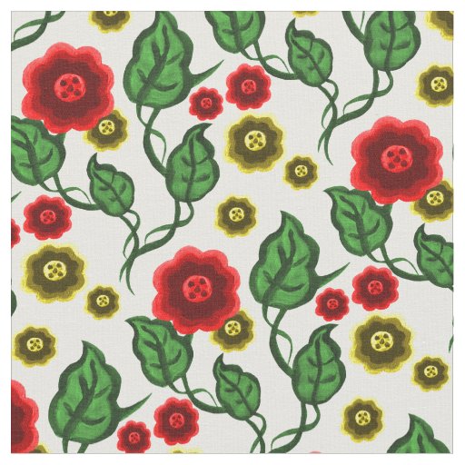 Red/gold flowers/green leaves/Folk  floral Fabric