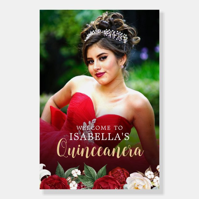 Red & Gold Flowers Quinceañera Welcome Sign (Front)