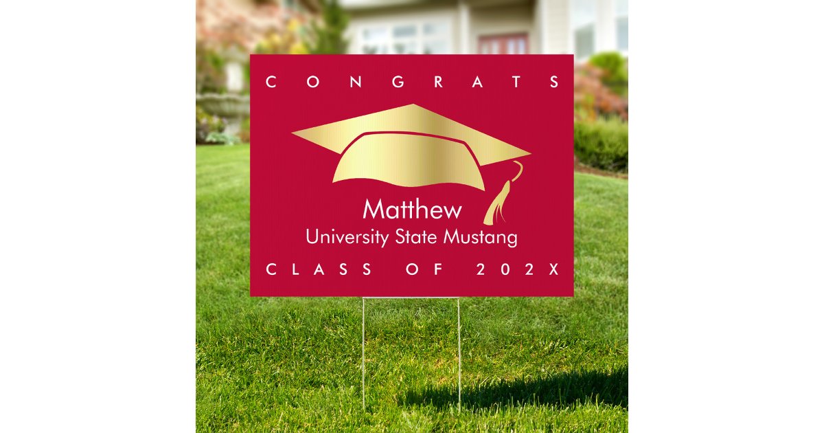 Red Gold Foil Cap Congrats Modern Graduation Yard Sign | Zazzle