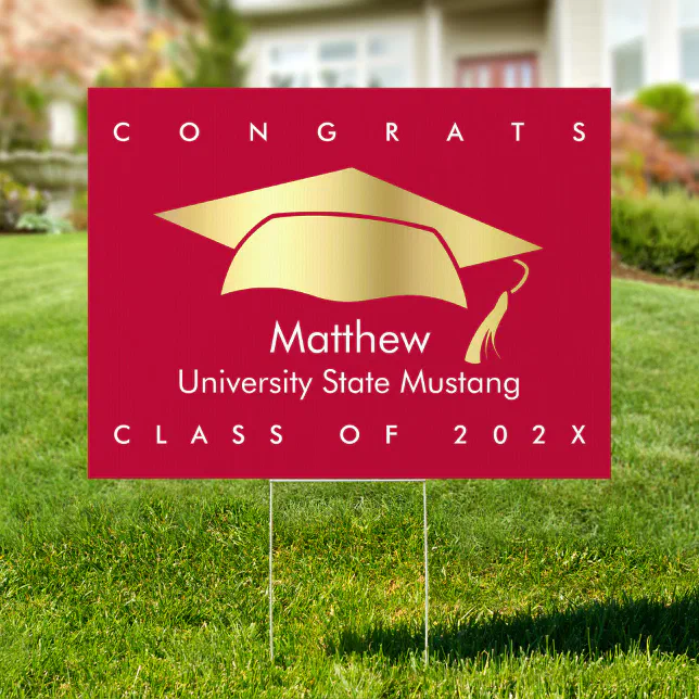 Red Gold Foil Cap Congrats Modern Graduation Yard Sign | Zazzle