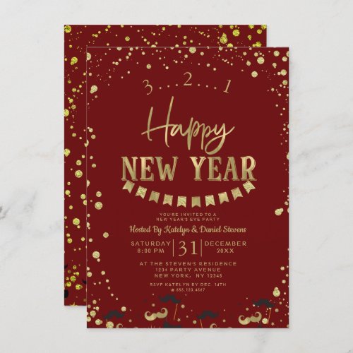 Red  Gold Foil Confetti New Years Eve Party Invitation