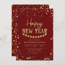 Red & Gold Foil Confetti New Year's Eve Party Invitation