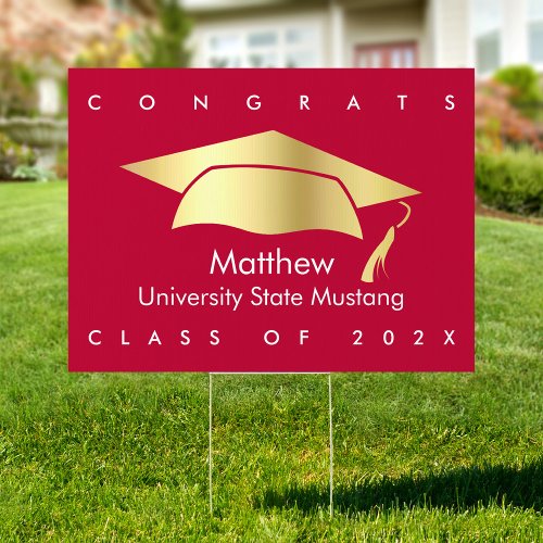 Red Gold Foil Congrats Grad Modern Graduation Yard Sign