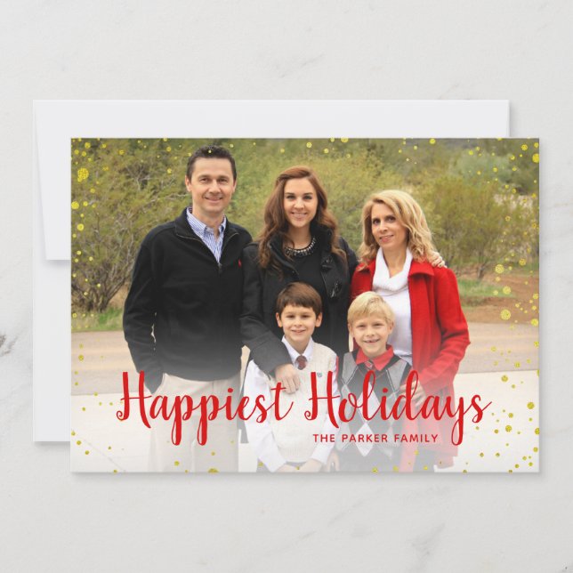 Red Gold Foil Dots Happy Holidays Card (Front)