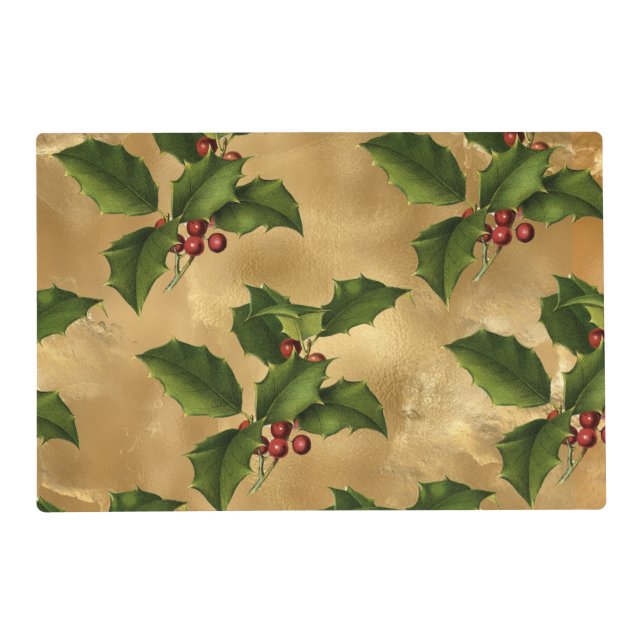 Red Gold Foils, Green Holly, Red Berries Placemat (Front)