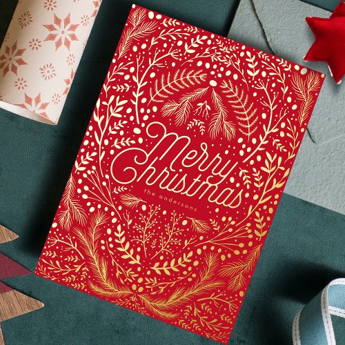 Red Gold Foliage  Berries Merry Christmas Foil Holiday Card
