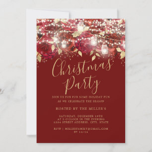 Red Gold Foliage Lights Christmas Party Invitation