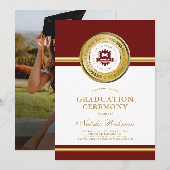Red & Gold Formal Graduation Ceremony Photo Invitation (Front/Back)