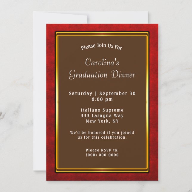 Red Gold Frame Brown Dinner Graduation Invitation (Front)
