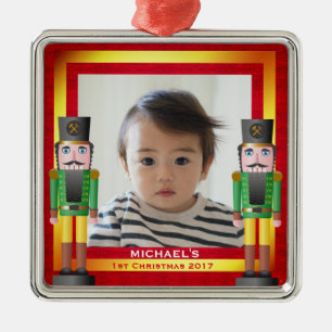 Red & Gold Frame & Nutcracker Baby's 1st Christmas Metal Ornament