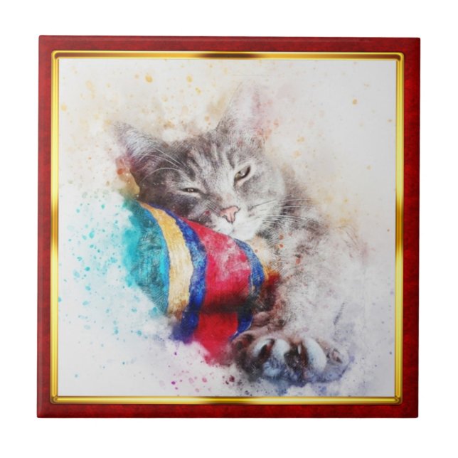 Red & Gold Framed Abstract Cat Print Ceramic Tile (Front)