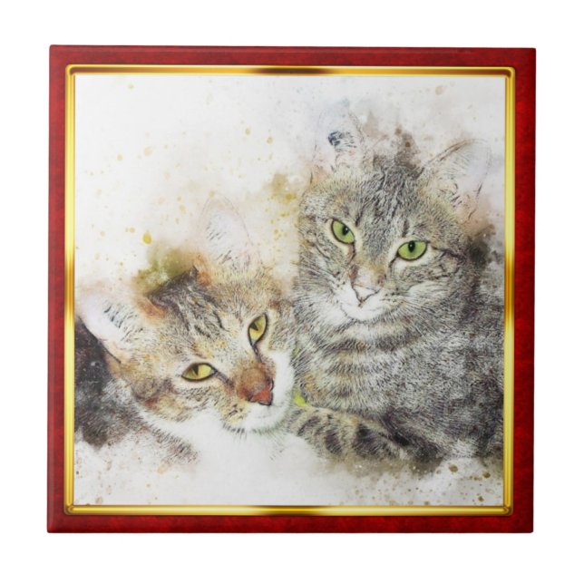 Red & Gold Framed Abstract Cat Print Ceramic Tile (Front)
