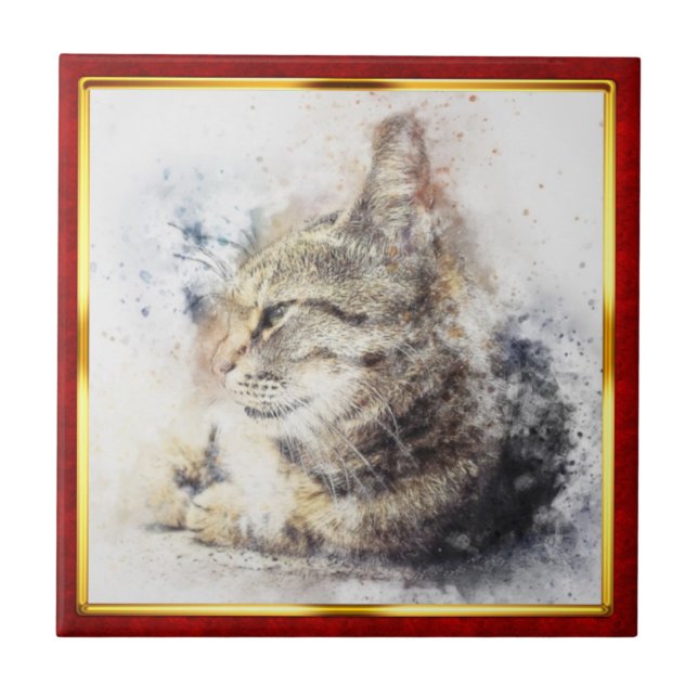 Red & Gold Framed Abstract Cat Print Ceramic Tile (Front)