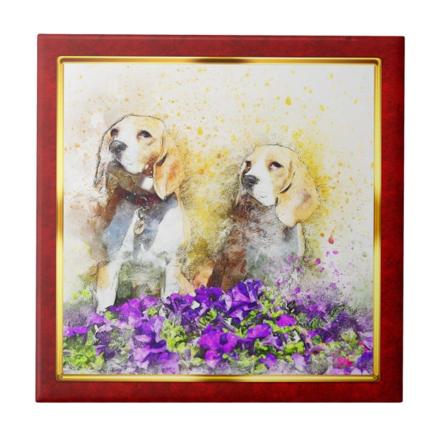 Red & Gold Framed Abstract Dog Print Ceramic Tile (Front)