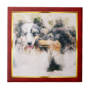 Red & Gold Framed Abstract Dog Print Ceramic Tile