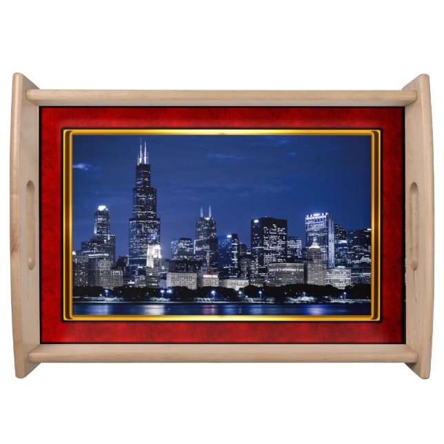 Red & Gold Framed Chicago at Night Serving Tray (Front)
