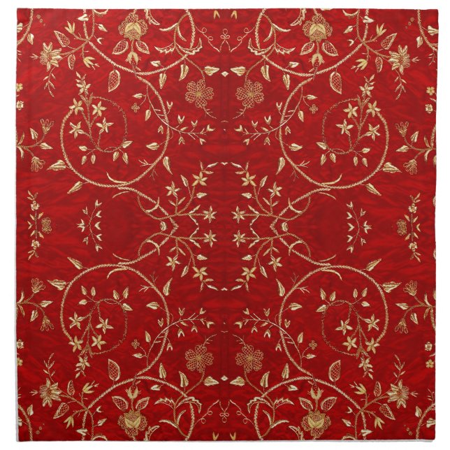 Red Gold French Embroidery Floral Cloth Napkin (Front)