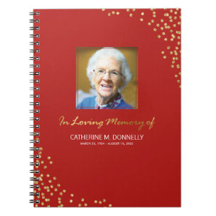 Red Gold Funeral Condolence Photo Memorial Notebook