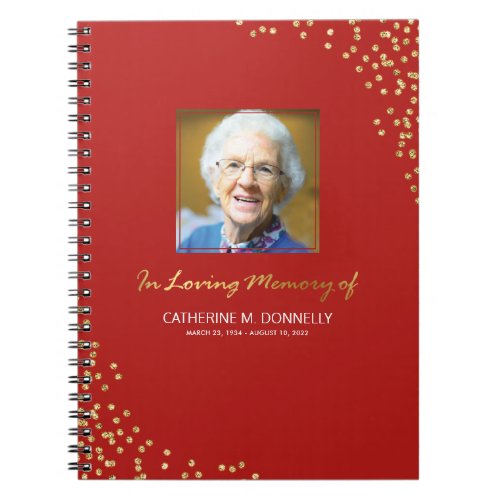 Red Gold Funeral Condolence  Photo Memorial Notebook