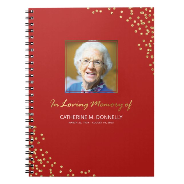 Red Gold Funeral Condolence | Photo Memorial Notebook (Front)