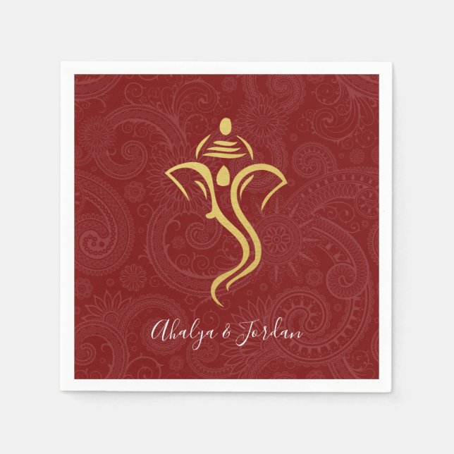 Red & Gold Ganesha Mehndi Wedding Party Napkins (Front)