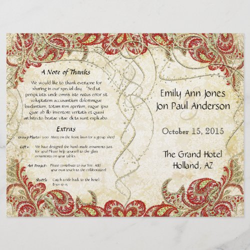 Red Gold Gatsby Paisley Peacock Wedding Program