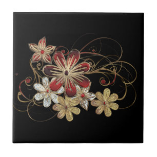 Red Gold Gemstone Flowers Black Ceramic Tile