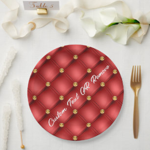 Red Gold Gemstone Paper Plates with Custom Text