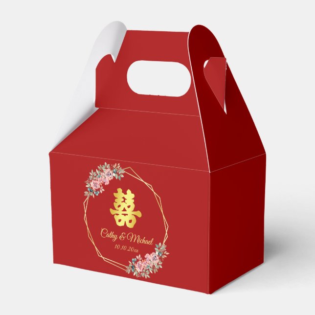 Red gold geometric floral wreath Chinese wedding Favor Boxes (Front Side)
