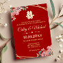 Red gold geometric floral wreath Chinese wedding Foil Invitation